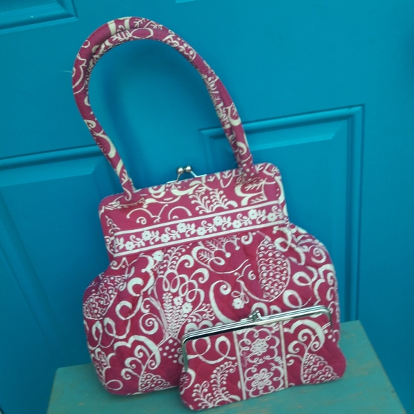 Hot Pink Kisslock Purse and Matching Clutch Classic Vera Bradley Handbag Set 2 - Picture 13 of 15